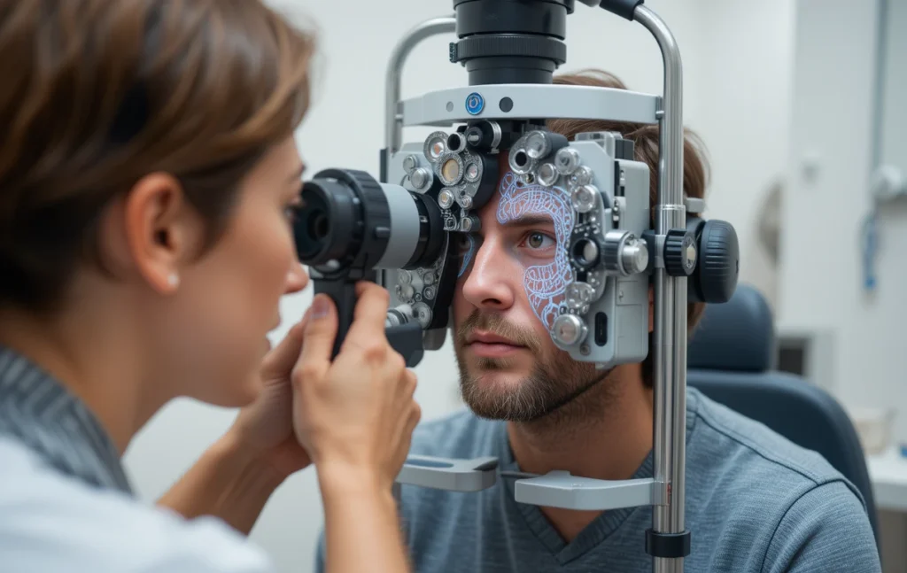 Patient undergoing an eye pressure or visual field test at an eye clinic, highlighting the importance of early glaucoma detection.