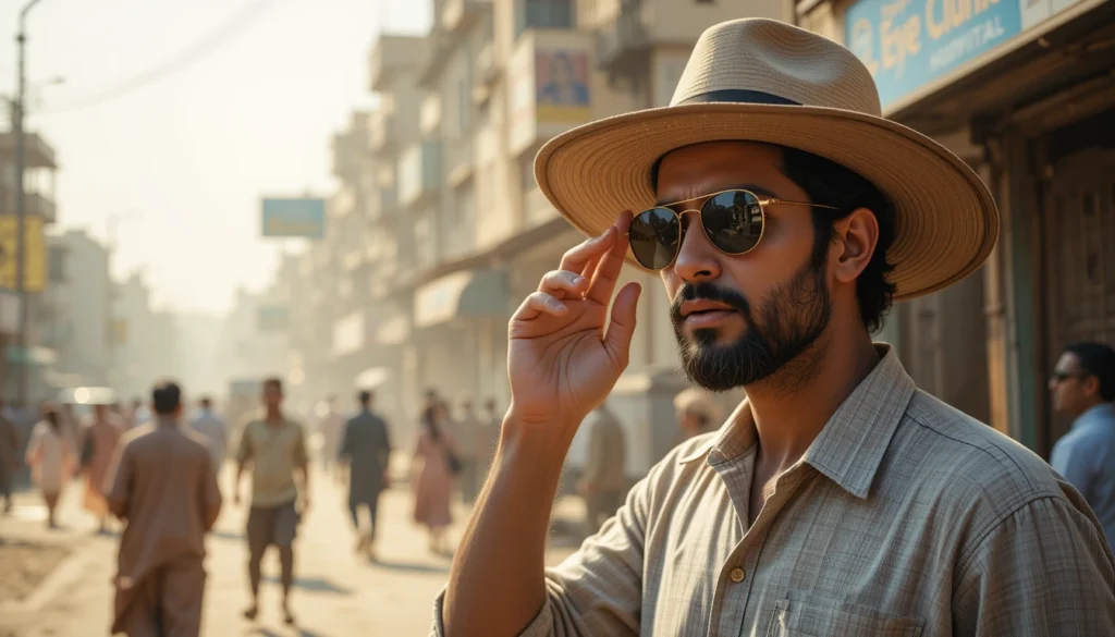 A person in Pakistan wearing UV-protective sunglasses and a wide-brimmed hat, standing on a hot, dusty street with summer sunlight and hazy air, gently rubbing their eyes near a local eye clinic.