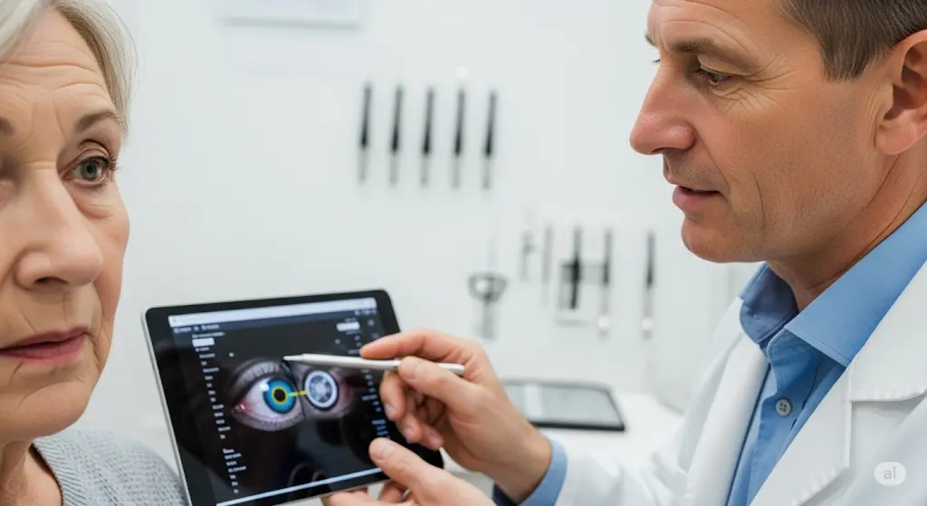 Elderly patient discussing cataract surgery options with eye surgeon after previous lens replacement, in a modern eye care clinic — concept of second cataract surgery consultation.