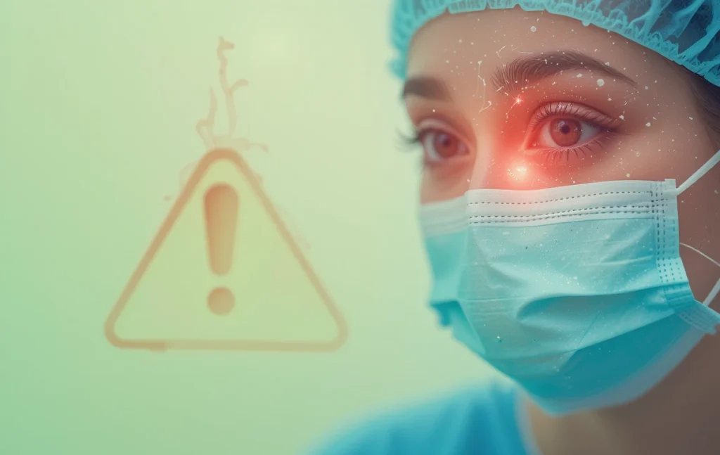 Close-up of anxious eyes with a faint red exclamation mark overlay, symbolizing LASIK surgery risks and safety considerations.