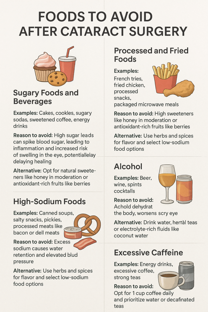 Infographic titled "Foods to Avoid After Cataract Surgery" with six sections showing food groups like sugary items, fried foods, salty snacks, alcohol, spicy dishes, and caffeine. Each section includes small food illustrations, reasons to avoid them, and healthier alternatives. 