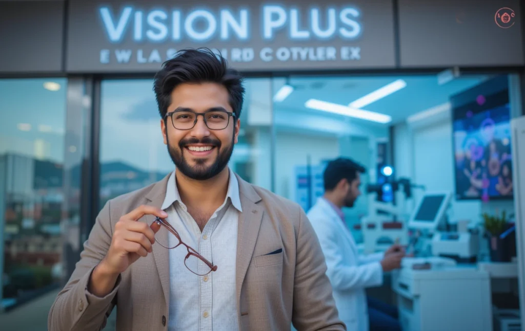 A high-resolution photograph of a joyful individual standing outside Vision Plus Eye Care Clinic in Pakistan, holding eyeglasses with a radiant smile, symbolizing clear vision post-LASIK surgery. The modern clinic features a glass facade and a sign reading “Vision Plus Eye Care Clinic,” with advanced laser equipment and Dr. Iftikhar Ahmad consulting a patient visible through the windows.