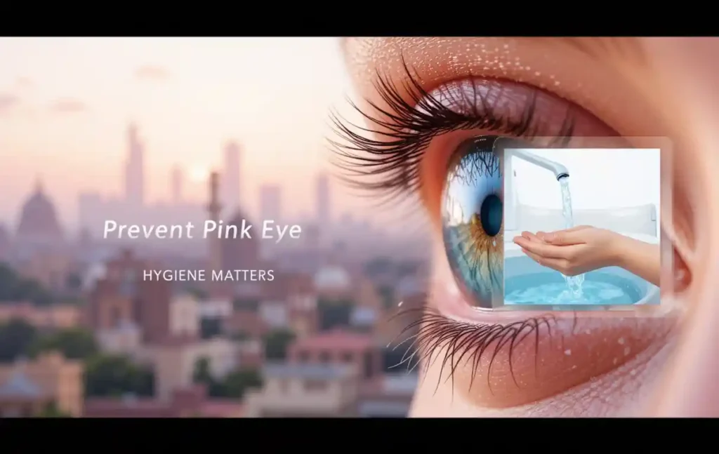 close-up of a red, irritated eye symbolizing viral conjunctivitis, with a Lahore cityscape background and a handwashing graphic promoting pink eye prevention.
