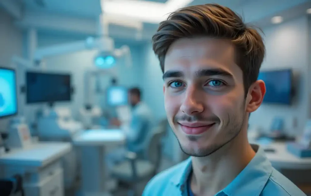 A young adult with clear eyes stands in a modern eye clinic, with a LASIK surgery machine and an ophthalmologist in the background, symbolizing vision correction and eligibility