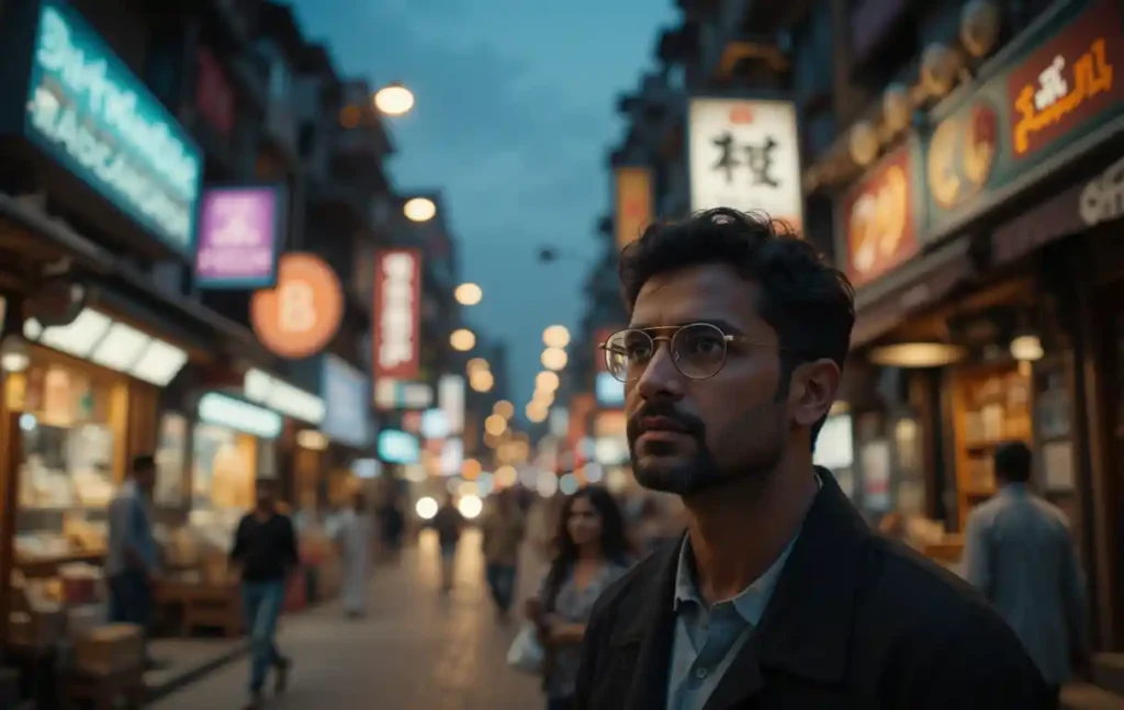 Pakistani person navigating a dimly lit Karachi market at dusk, illustrating glaucoma’s impact on night vision.