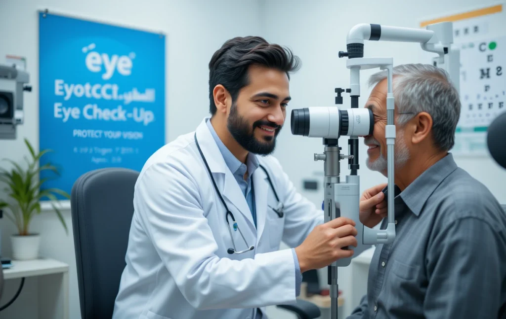 A Pakistani eye doctor performing a routine eye check-up on a middle-aged man in a modern clinic, highlighting the importance of regular eye exams.