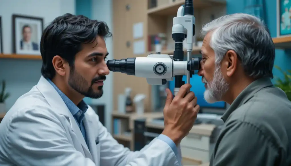 Pakistani ophthalmologist examining a patient’s eyes with a slit-lamp in a modern clinic, with a family photo frame on the desk, highlighting macular degeneration inheritance concerns.
