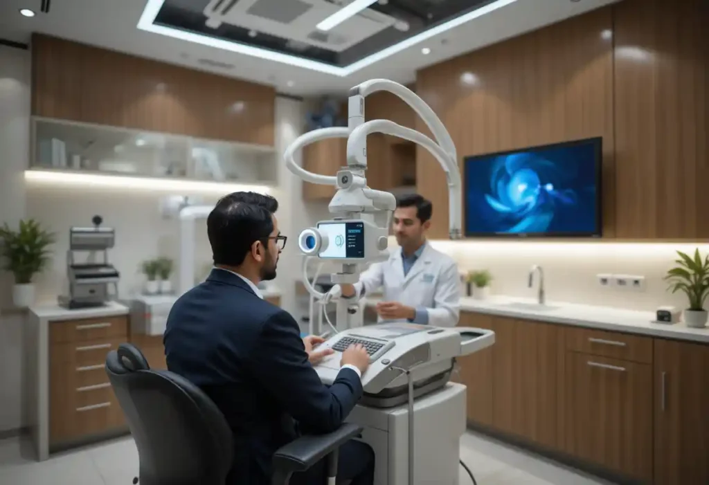 Modern ophthalmology clinic in Pakistan with advanced laser eye treatment equipment and a patient consulting an eye specialist.