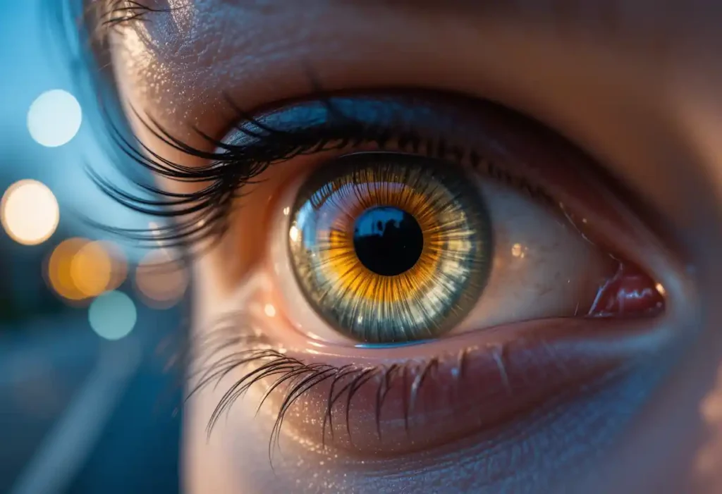 Close-up of a human eye with lens opacity showing cataract symptoms, surrounded by soft light and a faint halo, with a blurred road sign in the background indicating night vision problems." Explanation: The prompt creates a visually compelling image that ties directly to the article’s focus on cataracts and symptoms, incorporating keywords like lens opacity, visual impairment, glare sensitivity, and night vision problems. The alt text is descriptive, accessible, and includes relevant keywords for SEO without overstuffing. The image balances medical accuracy with an engaging, relatable aesthetic to draw readers into the topic of eye health.