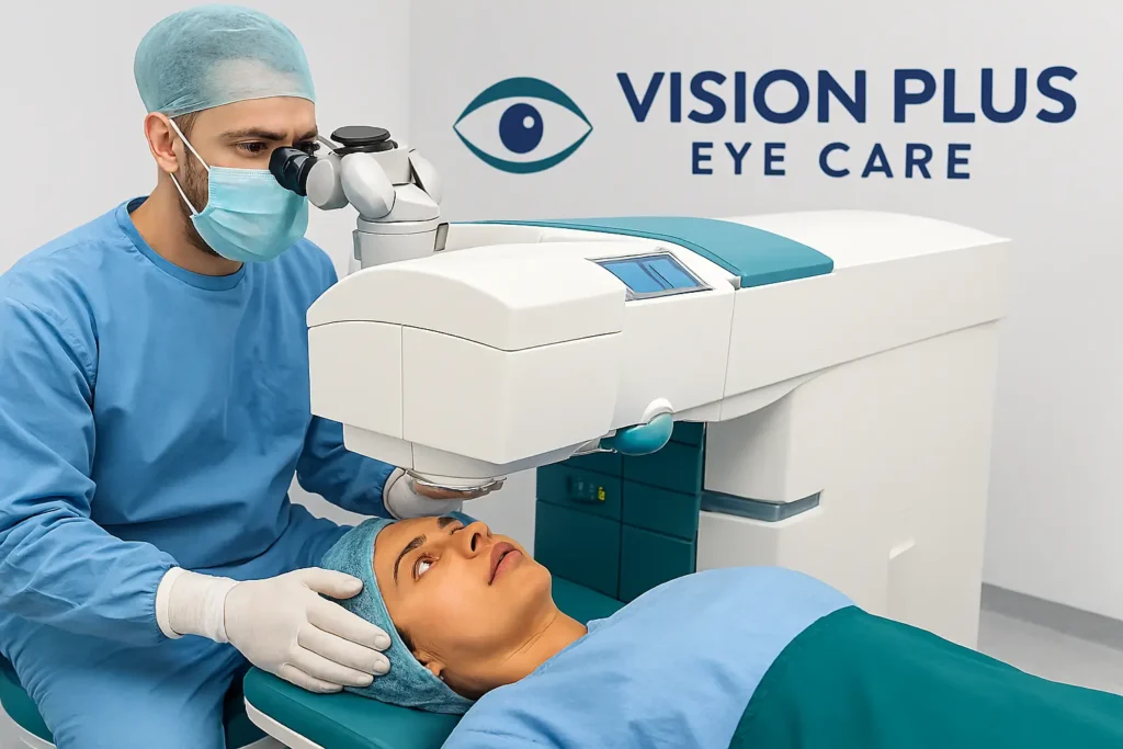 Laser eye surgery procedure at Vision Plus Eye Care clinic in Pakistan, showing ophthalmologist operating on patient with advanced laser equipment.